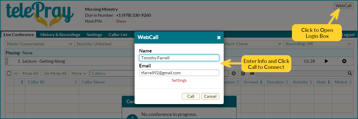 Using WebCall via the Live Conference Manager